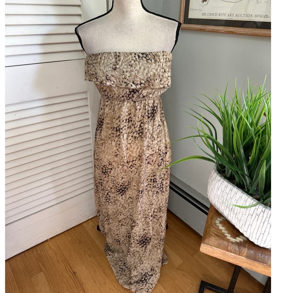 Akualani Dress Womens Medium Brown Snakeskin Print Tiered Maxi Indie Resort Chic